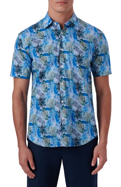 Bugatchi Shaped Fit Print Stretch Cotton Short Sleeve Button-Up Shirt in Sky at Nordstrom, Size X-Large