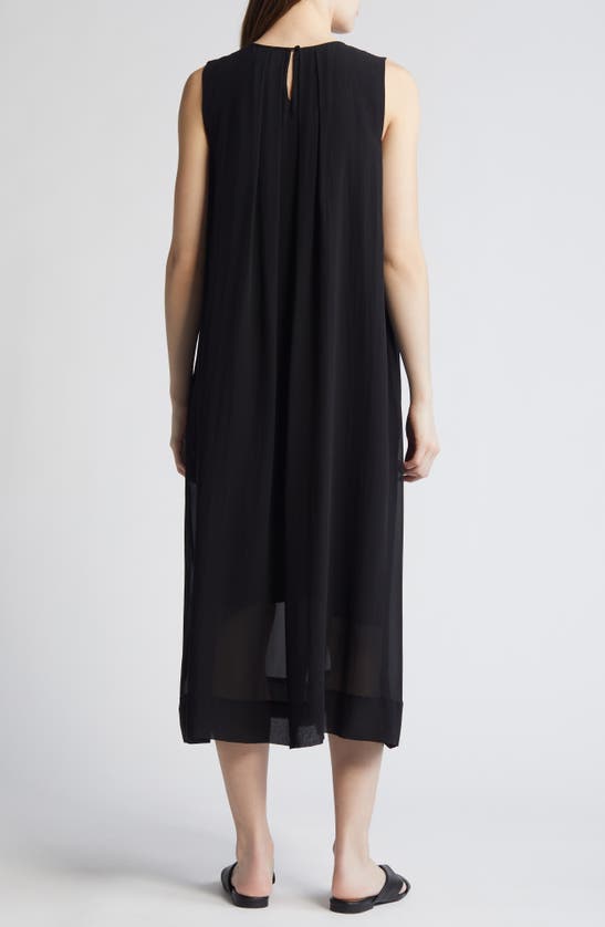 Shop Eileen Fisher Pleated Jewel Neck Silk Midi Shift Dress In Black
