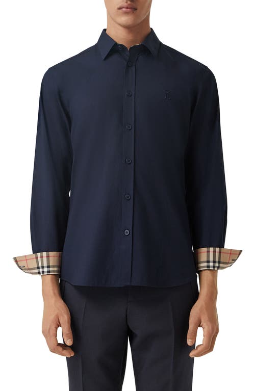 burberry Sherwood Monogram Motif Slim Fit Stretch Poplin Button-Up Shirt in Navy