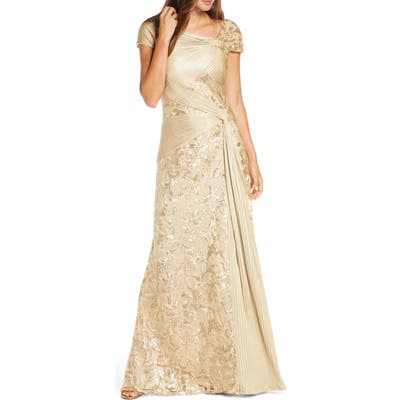 Tadashi Shoji Pintuck Wrapped Embroidered Lace Gown, Metallic