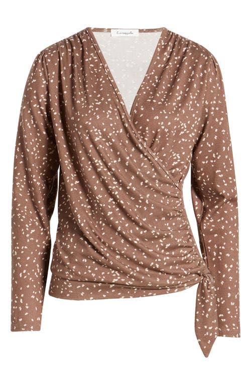 Loveappella Dot Print Faux Tie Wrap Top In Taupe/ Nat