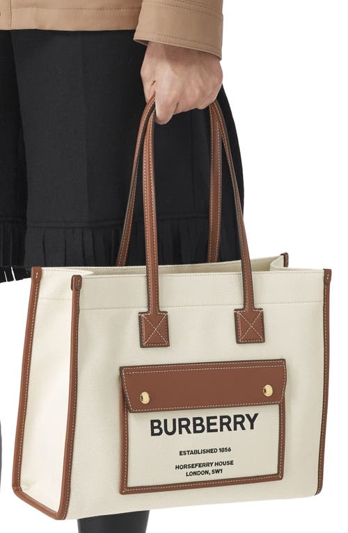 Shop Burberry Small Freya Horseferry Logo Canvas & Leather Tote In Natural/tan