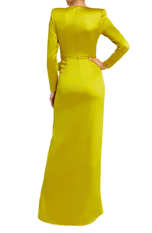 Shop Mac Duggal Satin Bow Long Sleeve Column Gown In Chartreuse