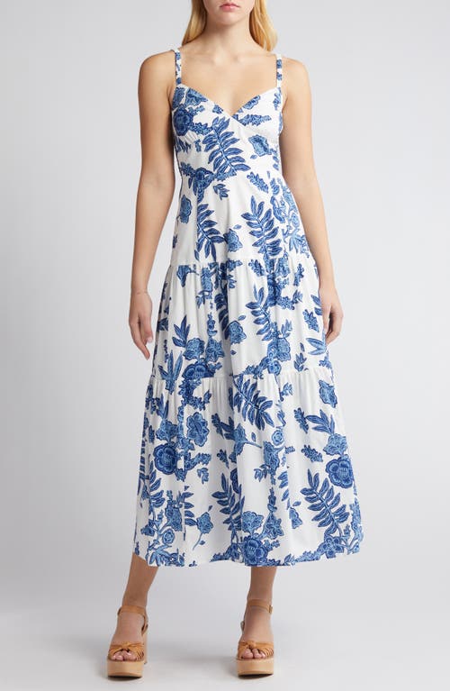Floral Tiered Cotton Midi Dress in Blue Multi
