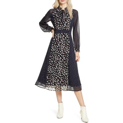 Chelsea28 Pattern Mix Long Sleeve Midi Dress, Black