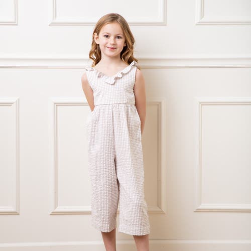 Shop Hope & Henry Girls' Organic Ruffle Neck Jumpsuit, Toddler In Taupe Gingham Seersucker