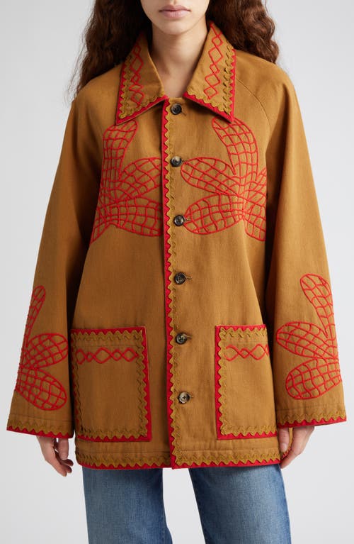 Maple Embroidered Field Coat in Brown Red