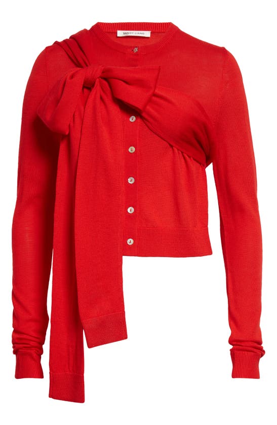 Shop Sandy Liang Hermit Merino Wool Bow Cardigan In Red