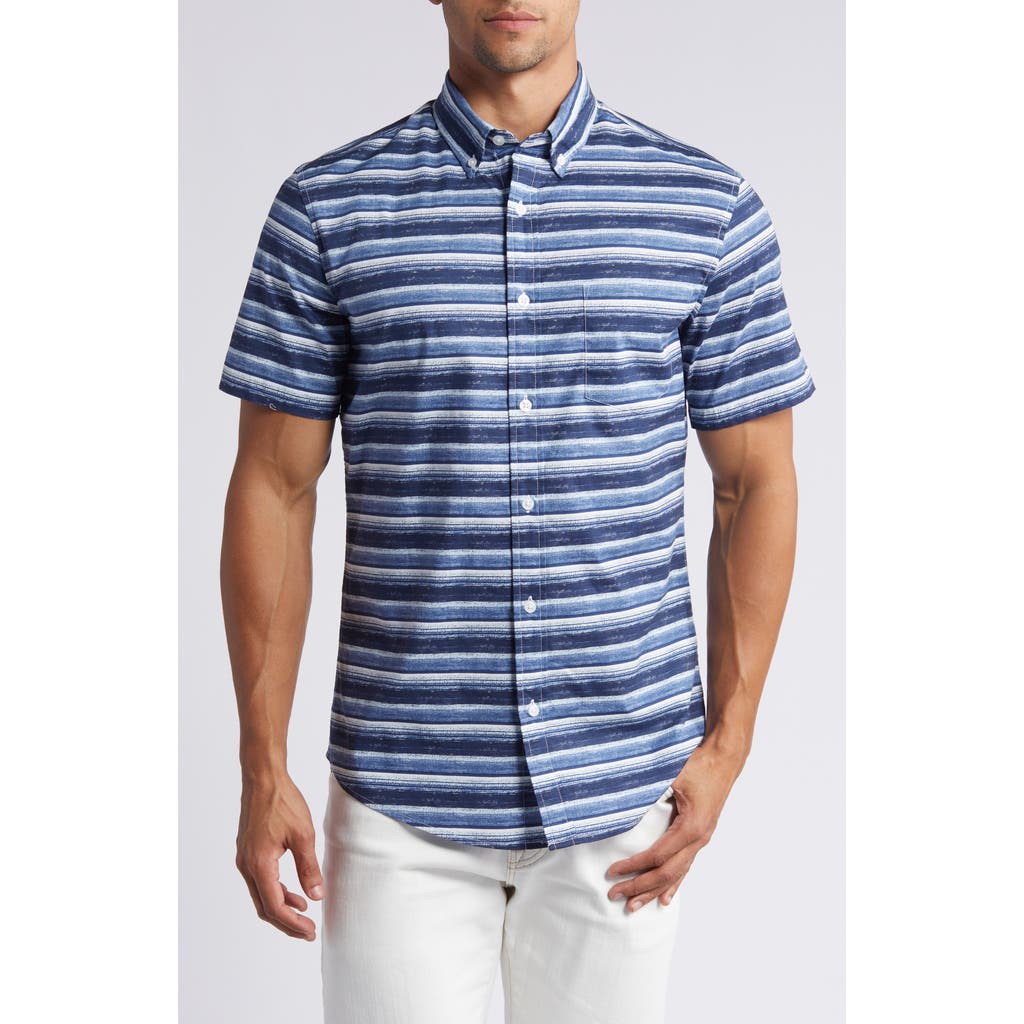 14th & Union Sketch Stripe Short Sleeve Stretch Cotton Poplin Button-up Shirt In Blue