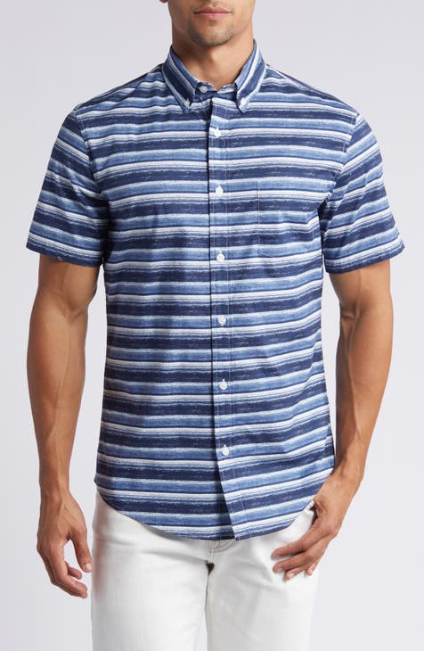 Sketch Stripe Short Sleeve Stretch Cotton Poplin Button-Up Shirt