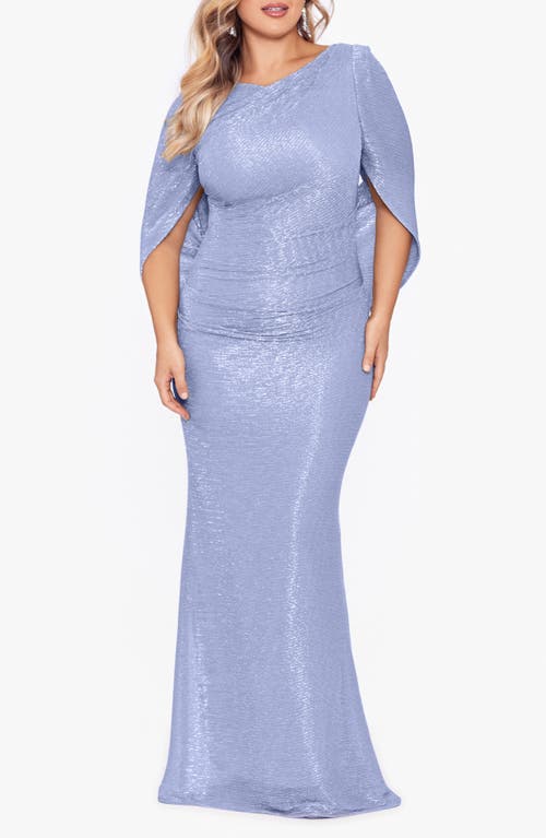 Betsy & Adam Cape Sleeve Metallic Crinkle Gown In Blue/silver