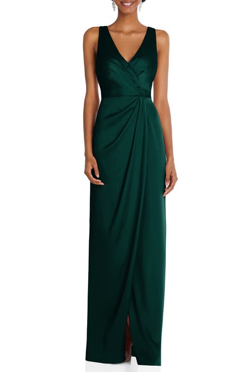 After Six Sleeveless Satin Faux Wrap Gown in Evergreen