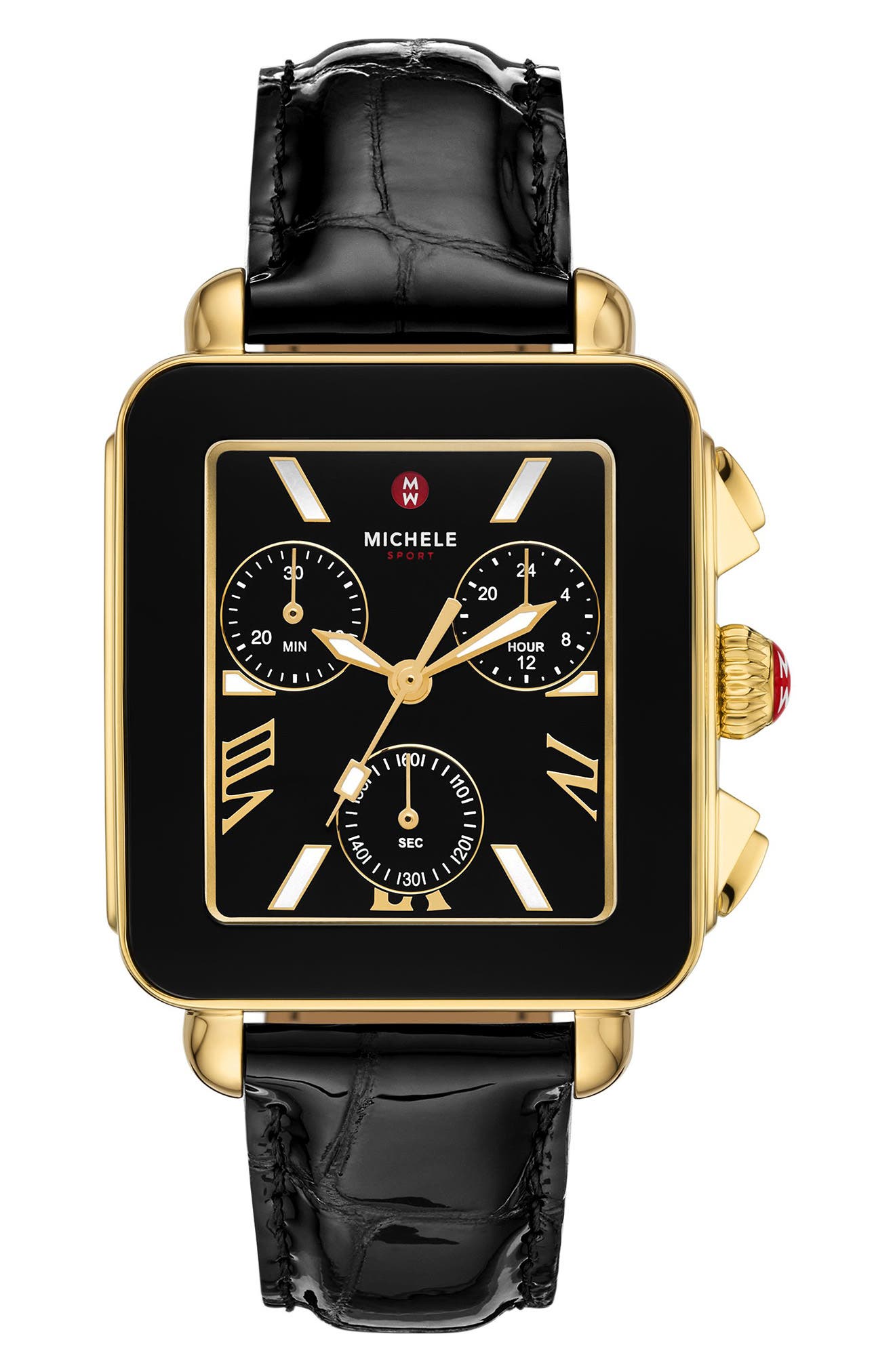 MICHELE Deco Sport Chronograph Leather Strap Watch, 36mm in Black 