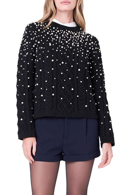 English Factory Imitation Pearl Cable Sweater Black at Nordstrom,