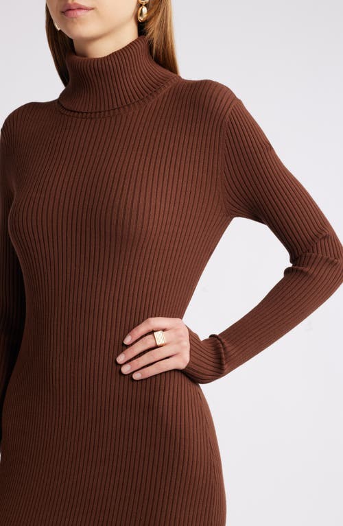 Shop Open Edit Rib Long Sleeve Turtleneck Sweater Dress In Brown Soil