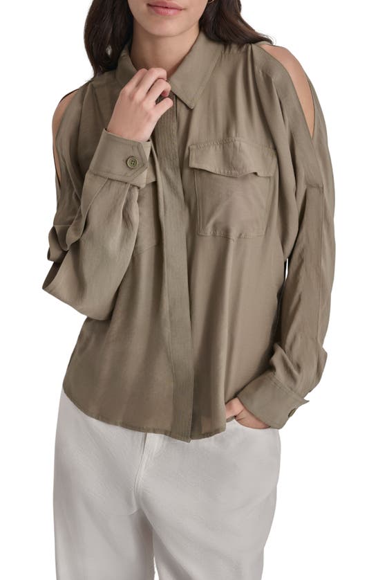 Dkny Cold Shoulder Button-up Shirt In Light Fatigue