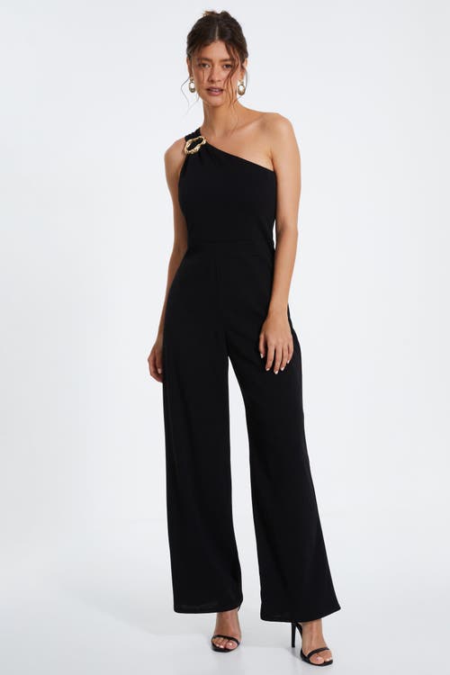 Shop Quiz One Shoulder Scuba Crepe Jumpsuit With Gold Buckle In Black