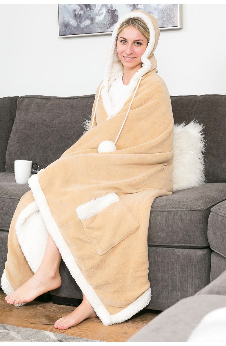 CHIC Yatco Faux Shearling Lined Snuggle Hoodie - Camel, Main, color, CAMEL