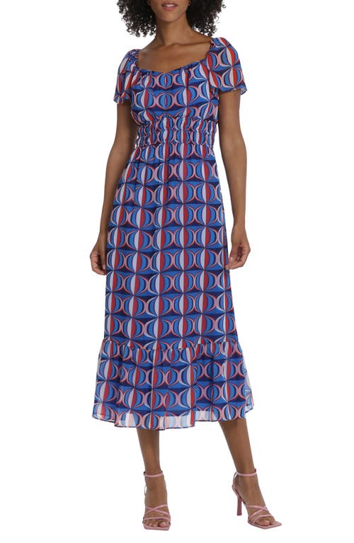 Maggy London Geo Print Short Sleeve Midi Dress Bright Blue/Red at Nordstrom,