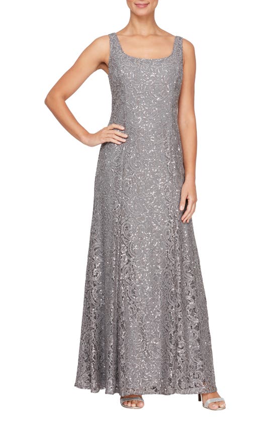 Alex Evenings Sequin Lace Jacket Gown In Charcoal