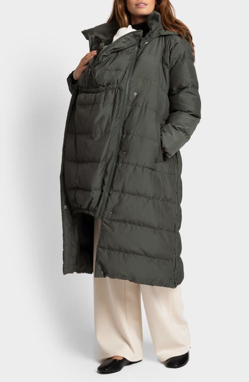 Shop Seraphine Belted Maternity Puffer Jacket With Removable Faux Fur Trim Hood In Khaki Grey