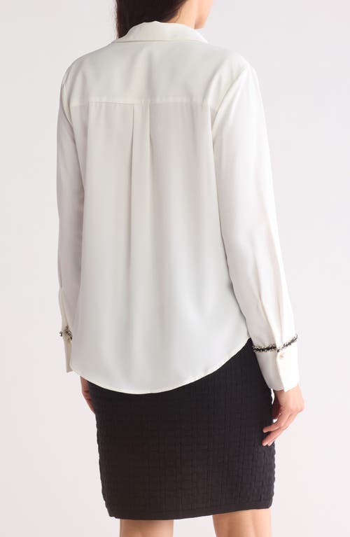 Ellen Tracy Tweed Trim Long Sleeve Button-up Shirt In Marshmallow