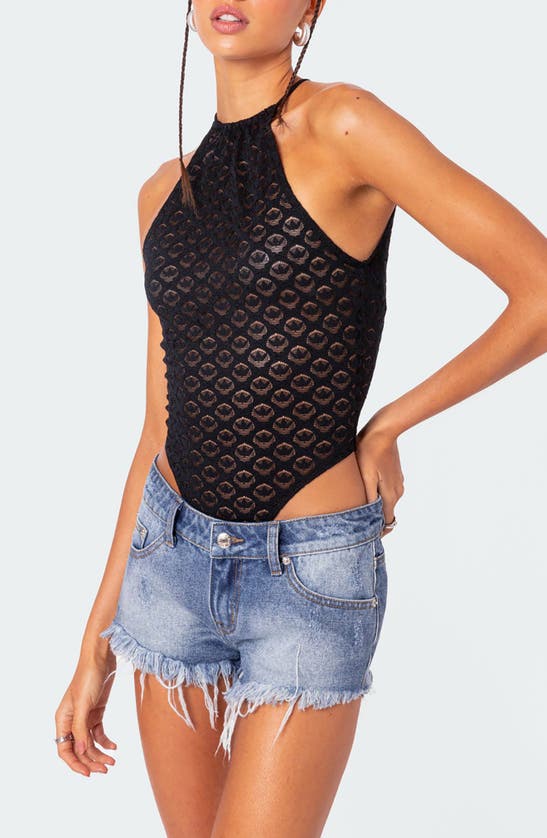 Shop Edikted Lace Halter Open Back Sheer Bodysuit In Black