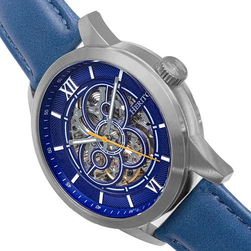 Heritor Automatic Men's Silver / Blue Jonas Leather-band Skeleton Watch - Blue, Silver In Silver/blue