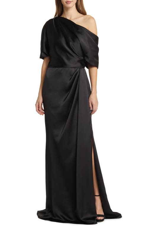 Gathered One-Shoulder Satin Gown in Black