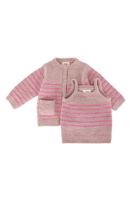 7 A. M. Enfant Stripe Chenille Recycled Polyester Tank Top & Cardigan Set in Ash Rose Vivid Pink at Nordstrom