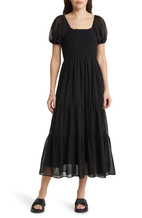 Moon River Puff Sleeve Smocked Midi Dress In Black | ModeSens