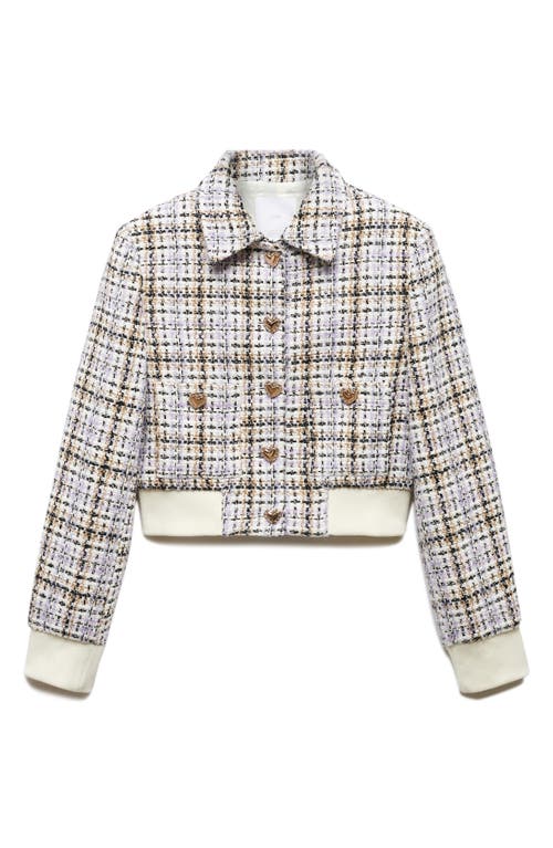 Shop Mango Plaid Tweed Crop Bomber Jacket In Light/pastel Purple