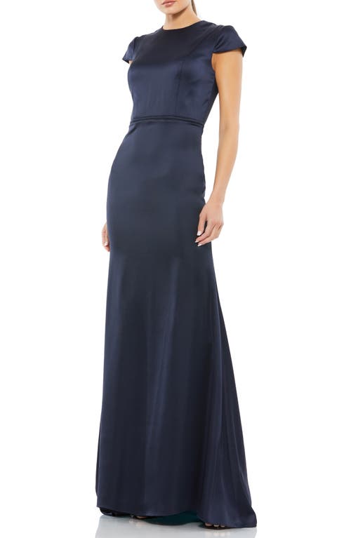 Ieena for Mac Duggal Cap Sleeve Satin A-Line Gown in Midnight