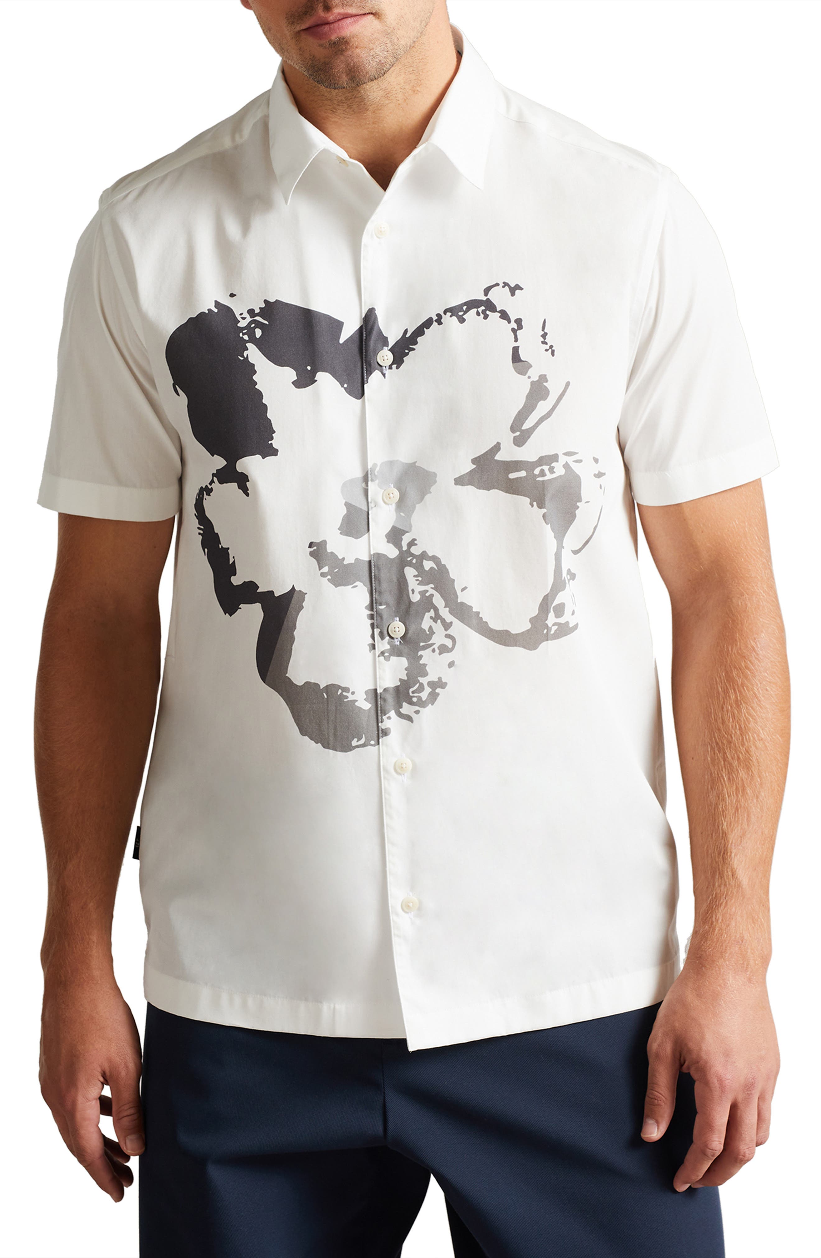 Ted Baker London Hamlett Floral Print Short Sleeve Button-Up Shirt in White at Nordstrom