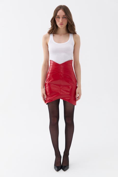 High waisted red leather mini skirt best sale