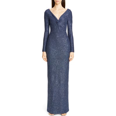 St. John Collection Long Sleeve Luxe Sequin Tuck Knit Gown, Blue