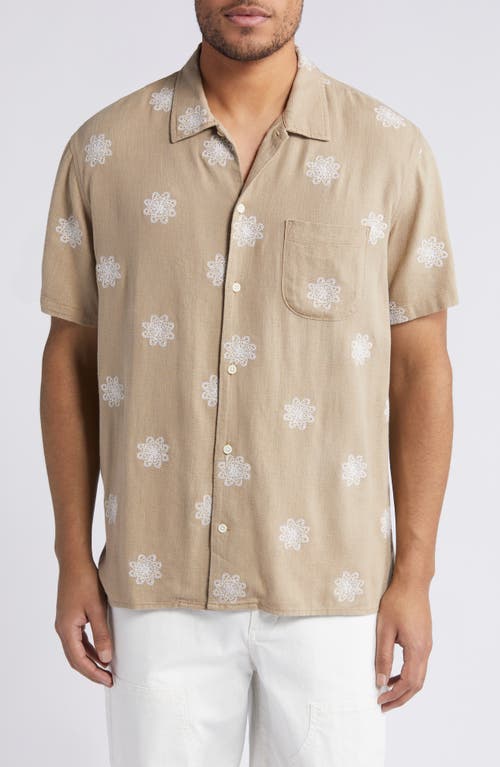 Embroidered Camp Shirt in Tan Burrow Lacey Floral