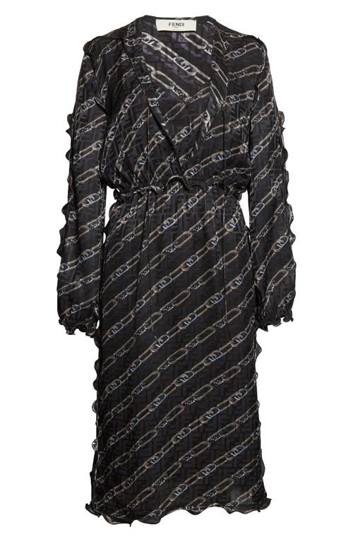 Fendi O'Lock Chain Print Long Sleeve Silk Satin Midi Dress in Black