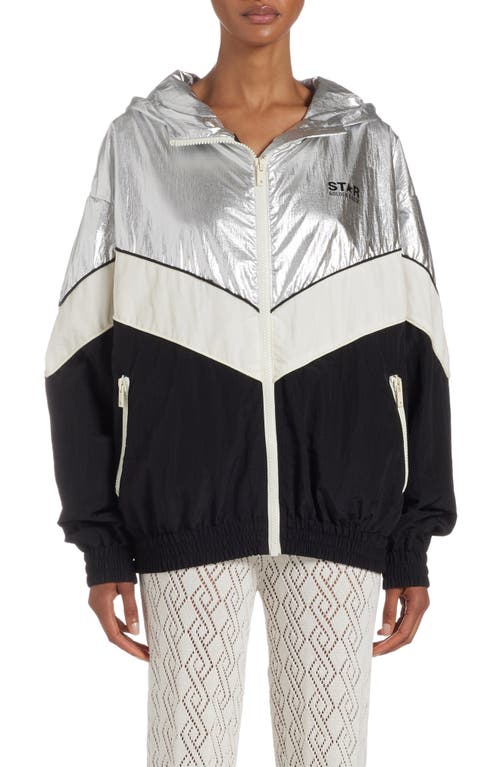 Shop Golden Goose Patchwork Hoodie Windbreaker In Silver/dark Papyrus/black