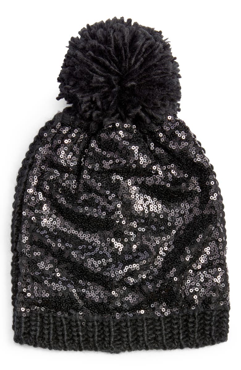 BP. Sequin Pom Beanie, Main, color, BLACK