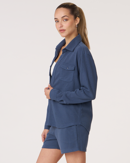 Shop Rebody Active Retreat Waffle Button Down Shirt In Navy