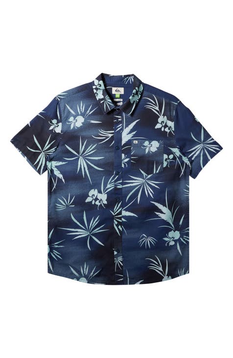 Fade Out Regular Fit Frond Print Short Sleeve Organic Cotton Button-Up Shirt