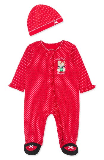 Little Me Babies'  My First Christmas Bear Footie & Hat Set In Red