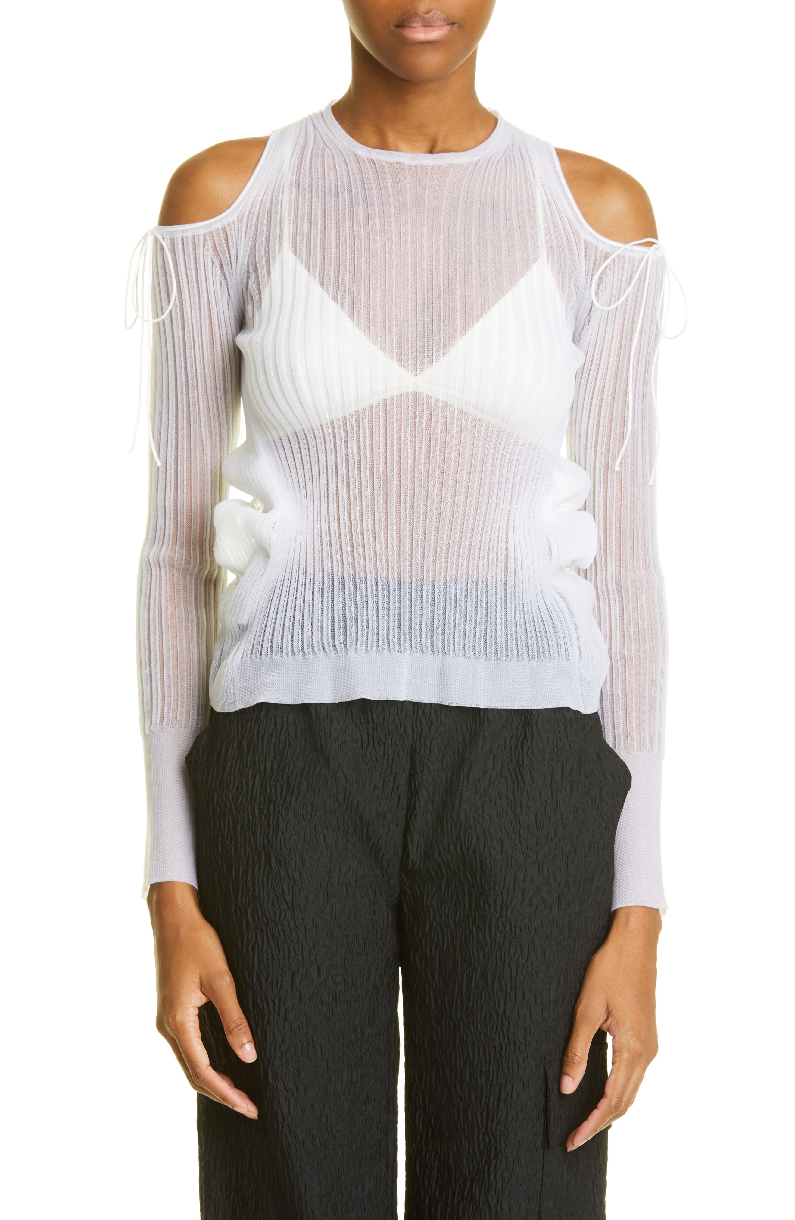 white cold shoulder sweater