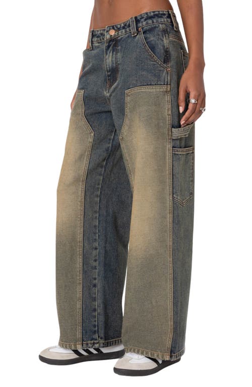 Shop Edikted Contrast Panel Low-rise Baggy Jeans In Blue-washed