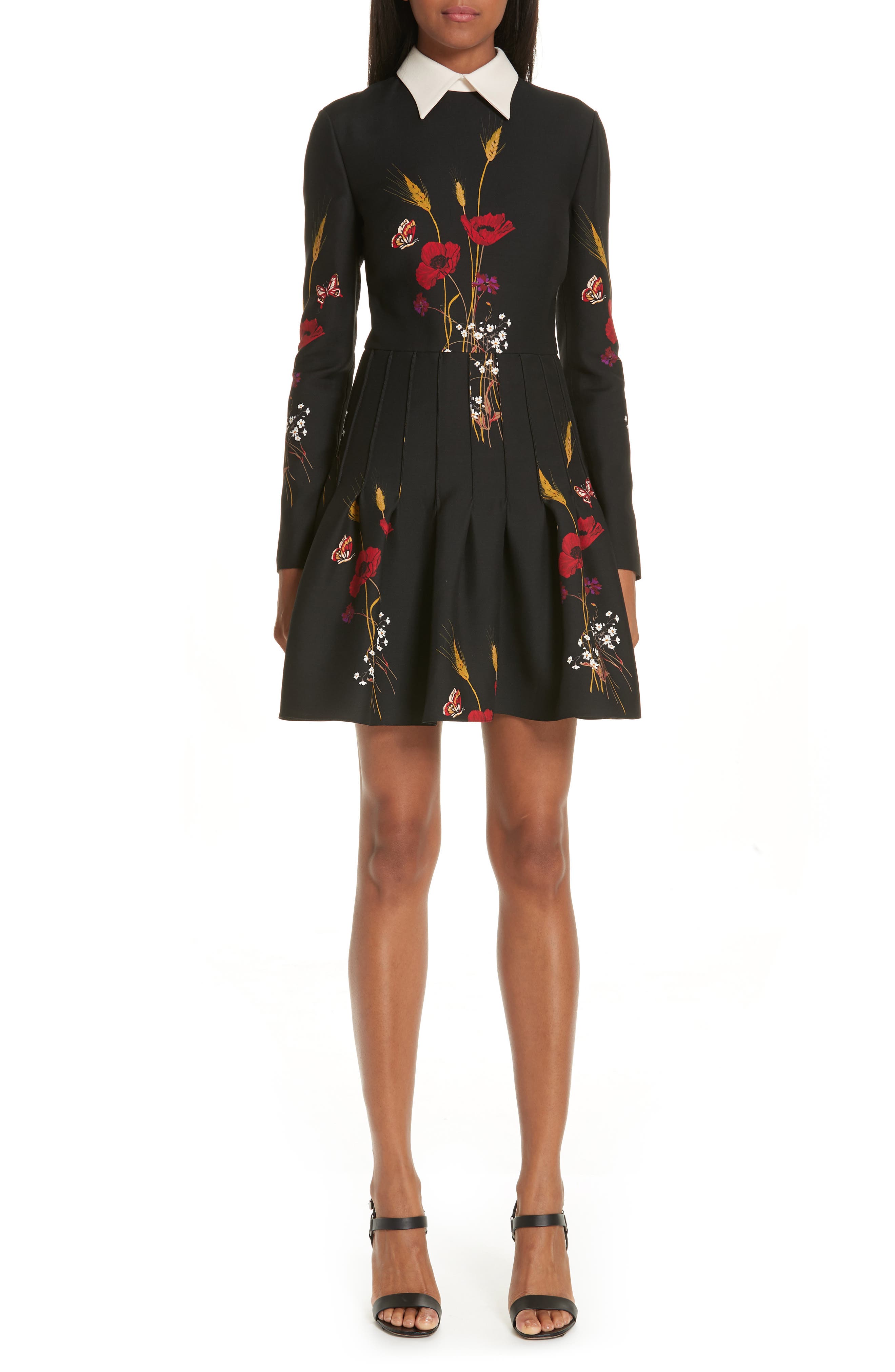 Valentino Floral Meadow Print Crepe Couture Dress, Black