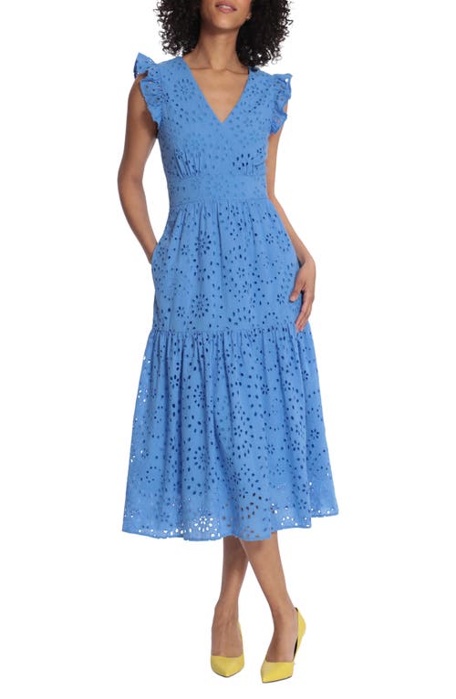 Maggy London Cotton Eyelet Tiered Midi Dress in Marina Blue