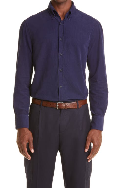 Brunello Cucinelli Navy Slim Fit Cotton Corduroy Button-Down Shirt in Blue at Nordstrom, Size Xx-Large