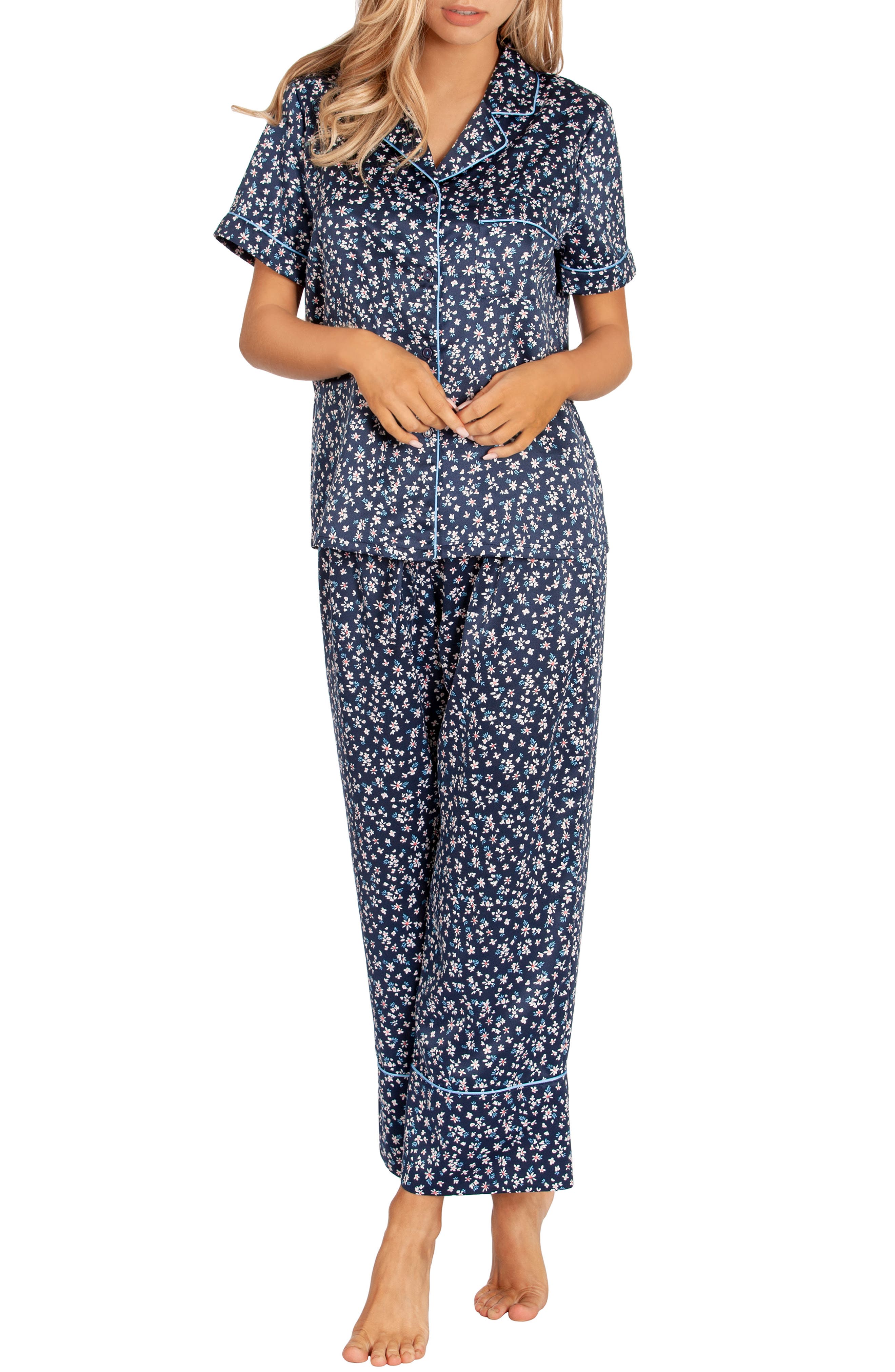  Satin Crop Pajamas, Main, color, NAVY DITSY PRINT