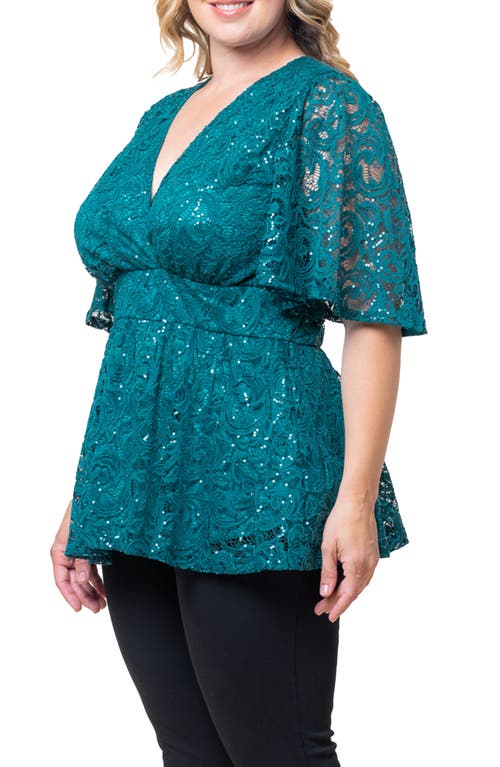 Kiyonna Stardust Sequin Lace Peplum Top In Teal Topaz